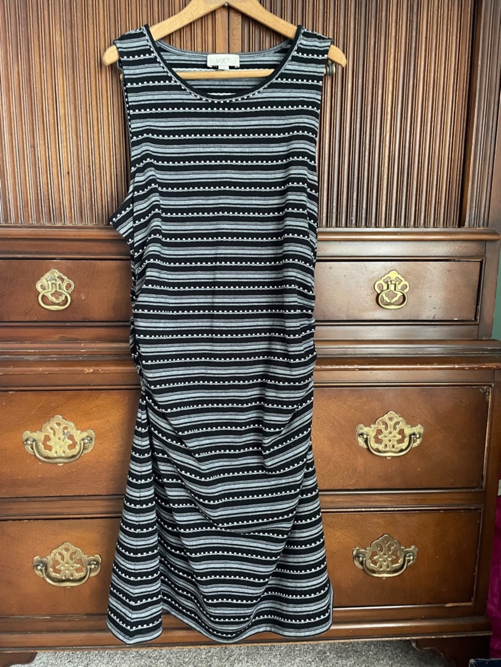 LOFT Black & White Striped Sleeveless Midi Dress
